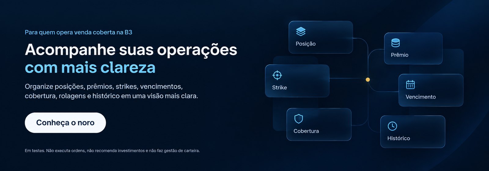Para quem opera venda coberta na B3. Acompanhe suas opera&ccedil;&otilde;es com mais clareza: organize posi&ccedil;&otilde;es, pr&ecirc;mios, strikes, vencimentos, cobertura, rolagens e hist&oacute;rico em uma vis&atilde;o mais clara. Conhe&ccedil;a o noro. Em testes: n&atilde;o executa ordens, n&atilde;o recomenda investimentos e n&atilde;o faz gest&atilde;o de carteira.