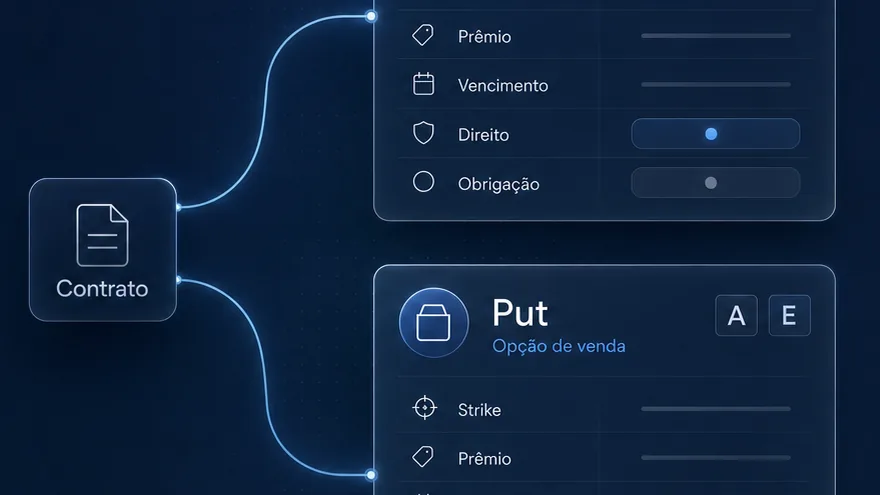 Ilustracao comparando os conceitos de call e put em cartoes lado a lado.