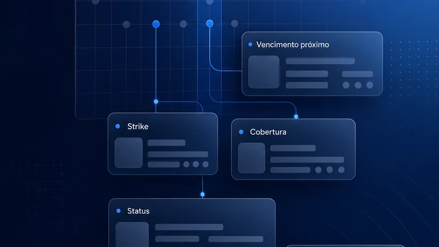 Ilustracao de um calendario de vencimentos ligado a cartoes de strike, cobertura, status e historico.